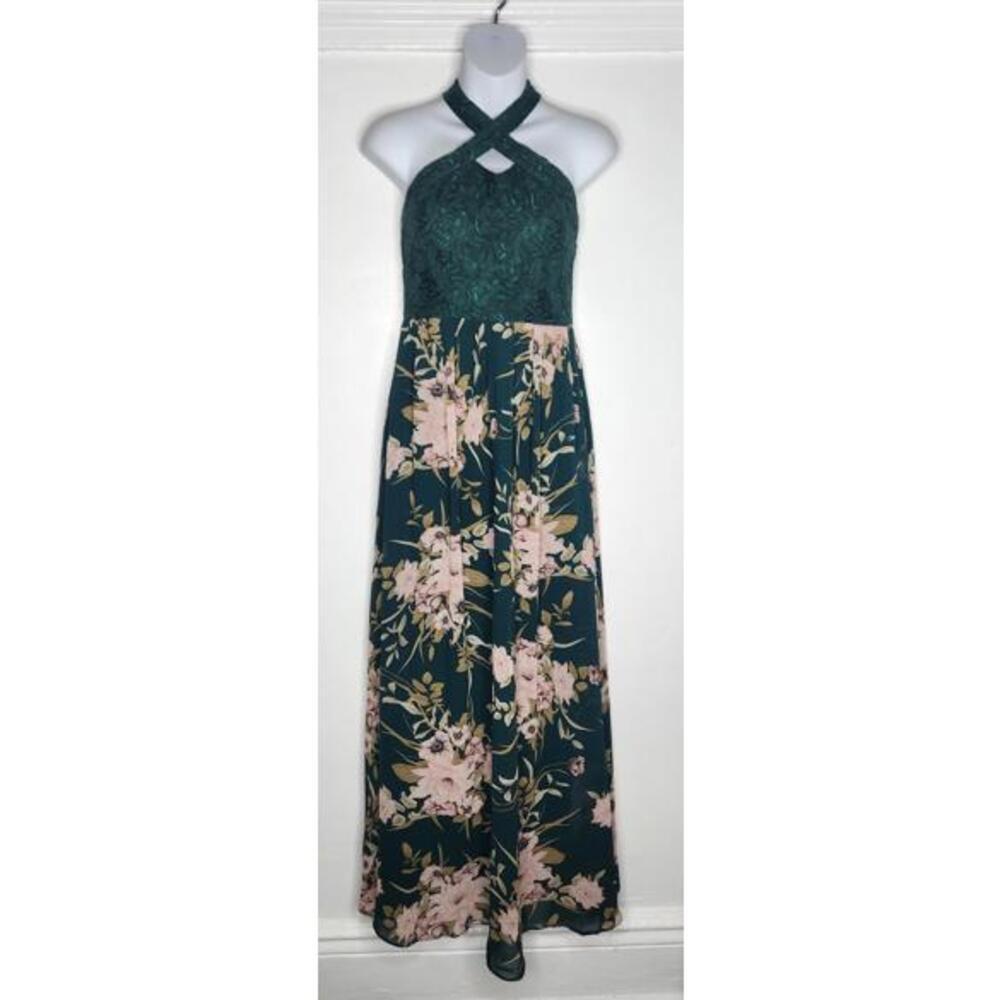 JJs House Dress Womens Small Green Floral Lace Halter Maxi Chiffon Formal prom
